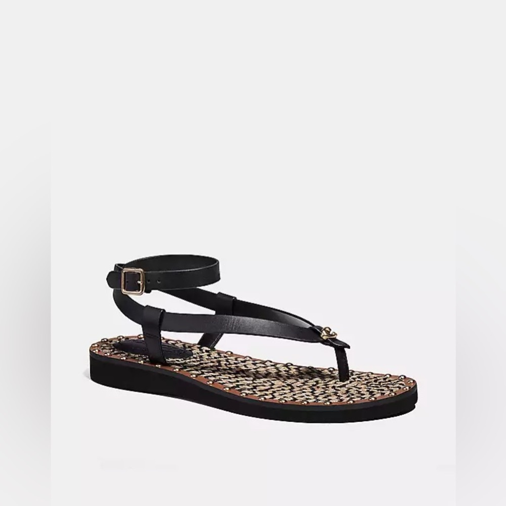 Coach Gracey thong Sandal black Editor's Notes ankle-wrap gold studs woven jute - Picture 1 of 10